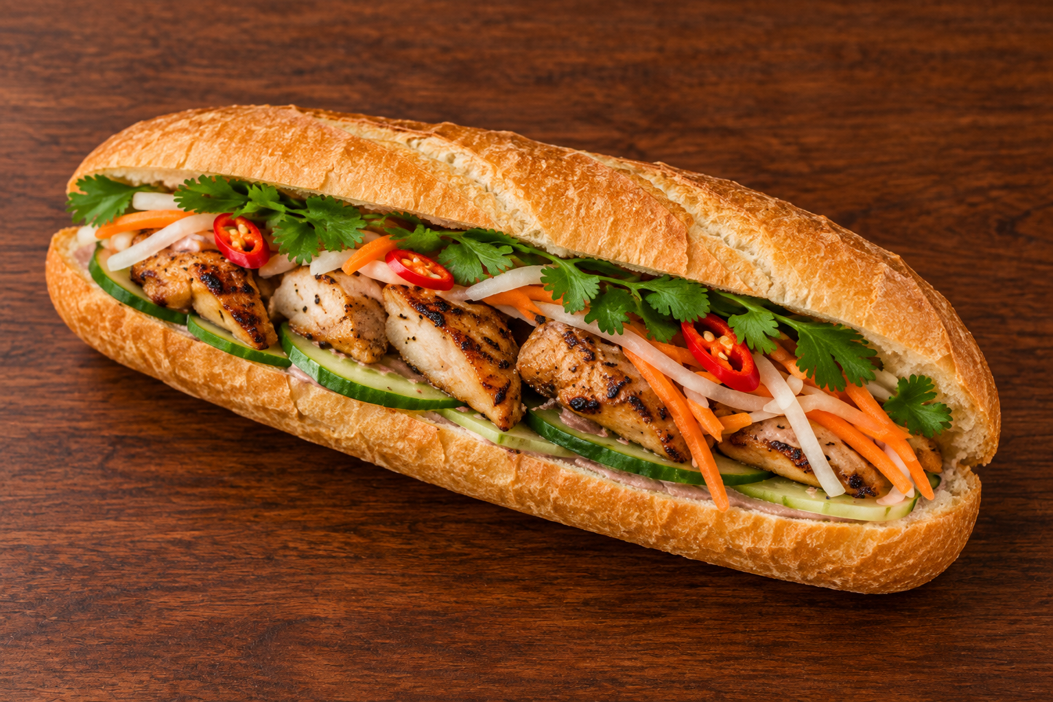 Vietnamese bánh mì with grilled meat, pickled carrot, chilli and fresh herbs